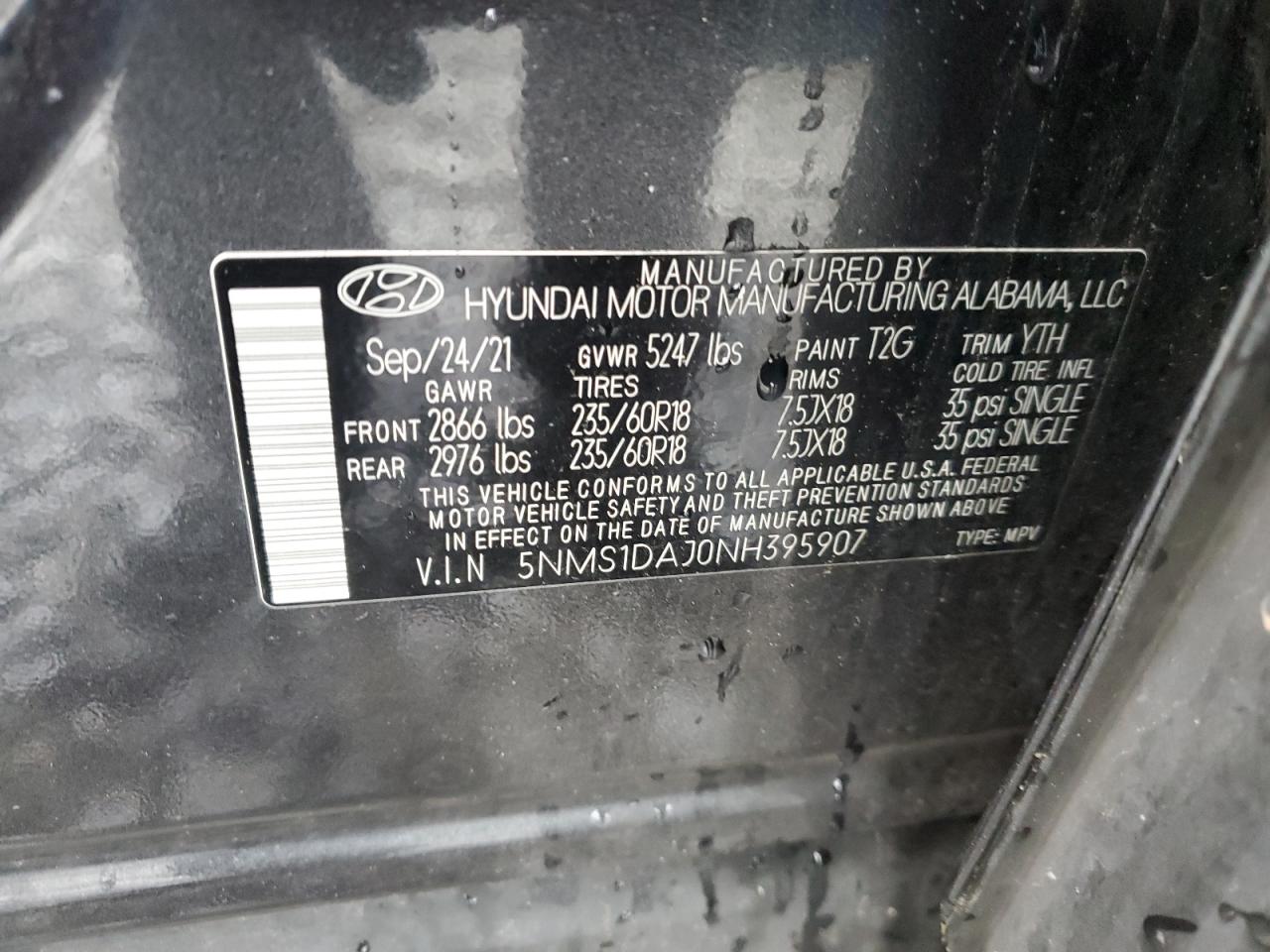 5NMS1DAJ0NH395907 2022 Hyundai Santa Fe Se