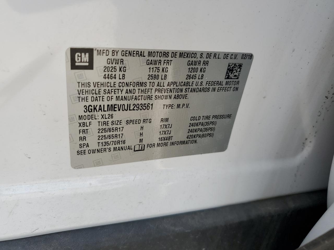 3GKALMEV0JL293561 2018 GMC Terrain Sle