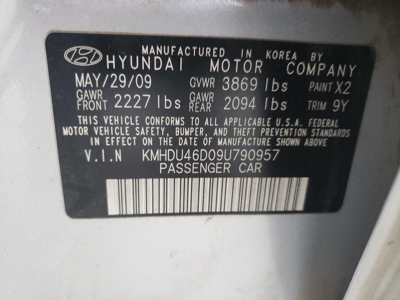 KMHDU46D09U790957 2009 Hyundai Elantra Gls