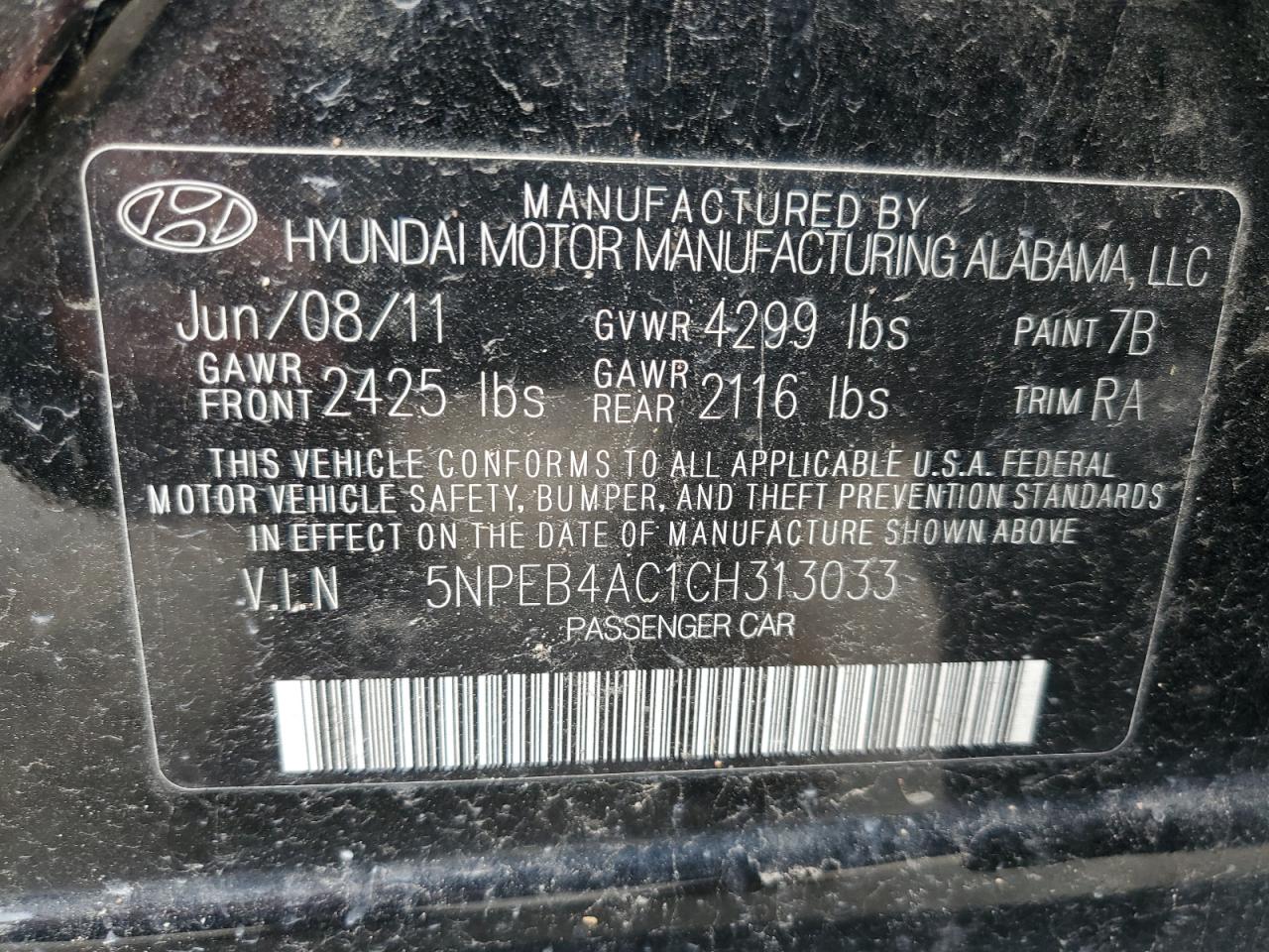 5NPEB4AC1CH313033 2012 Hyundai Sonata Gls