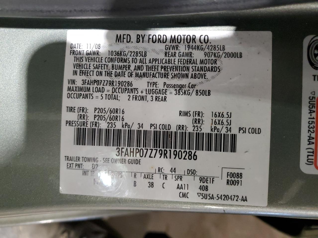 3FAHP07Z79R190286 2009 Ford Fusion Se