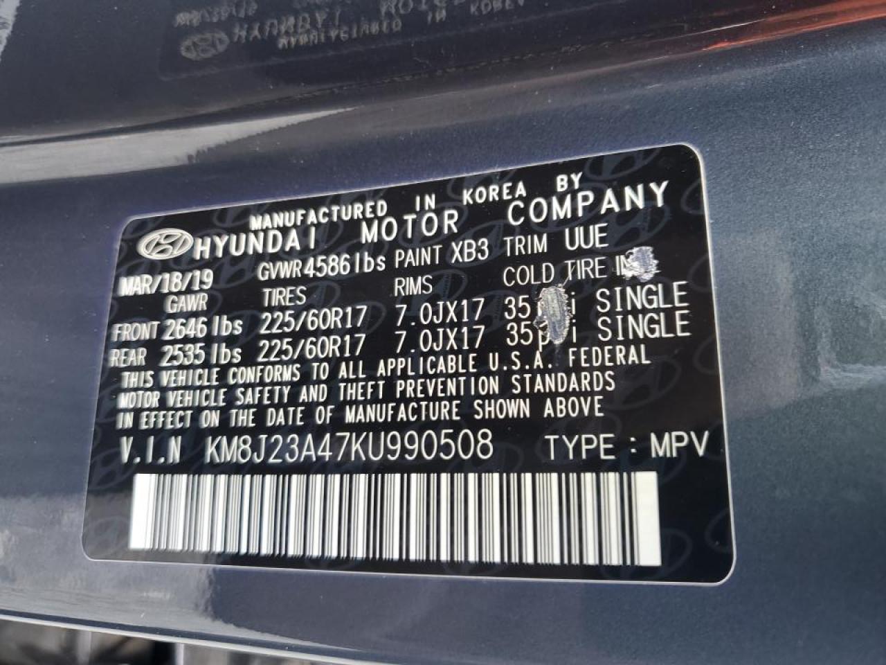 KM8J23A47KU990508 2019 Hyundai Tucson Se