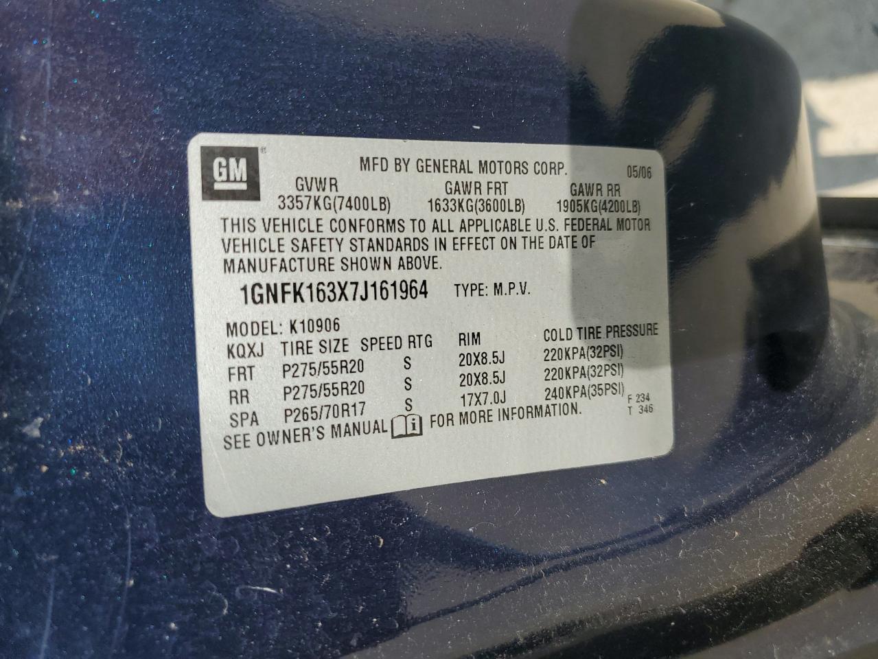 1GNFK163X7J161964 2007 Chevrolet Suburban K1500