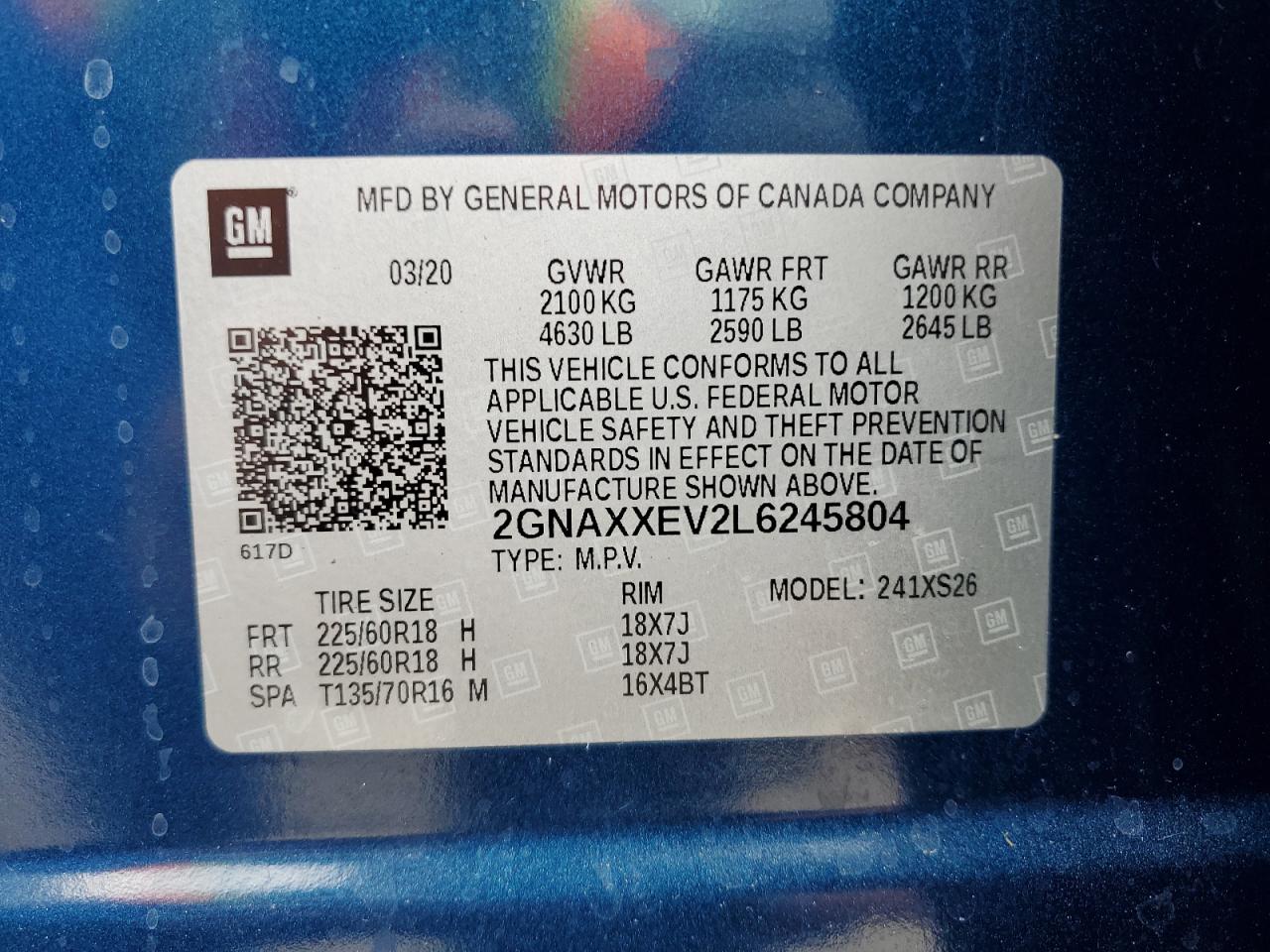 2GNAXXEV2L6245804 2020 Chevrolet Equinox Premier