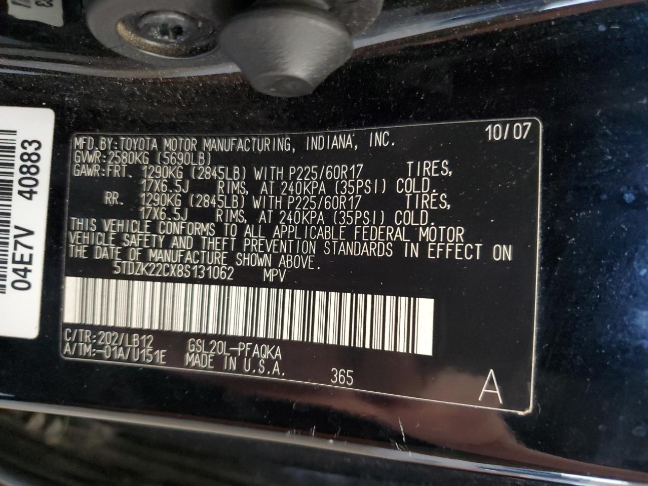 5TDZK22CX8S131062 2008 Toyota Sienna Xle