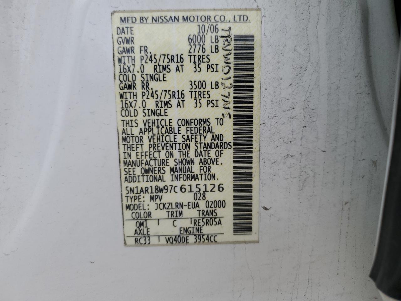 5N1AR18W97C615126 2007 Nissan Pathfinder Le