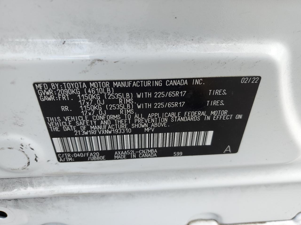 2T3W1RFVXNW193310 2022 Toyota Rav4 Xle