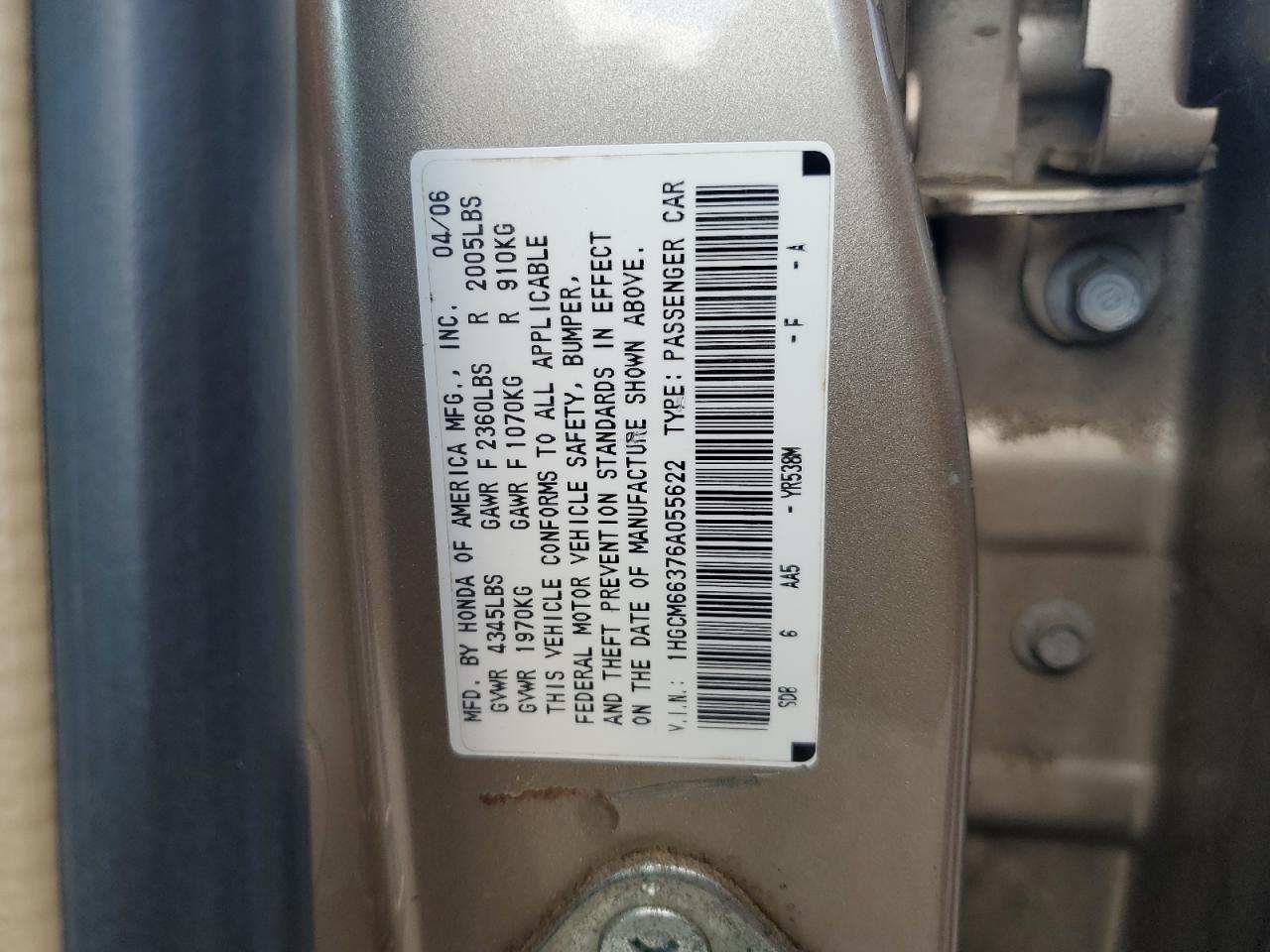 1HGCM66376A055622 2006 Honda Accord Lx