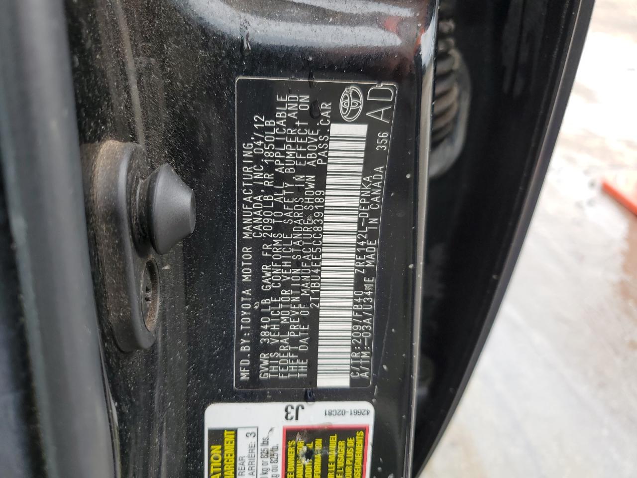 2T1BU4EE5CC839189 2012 Toyota Corolla Base