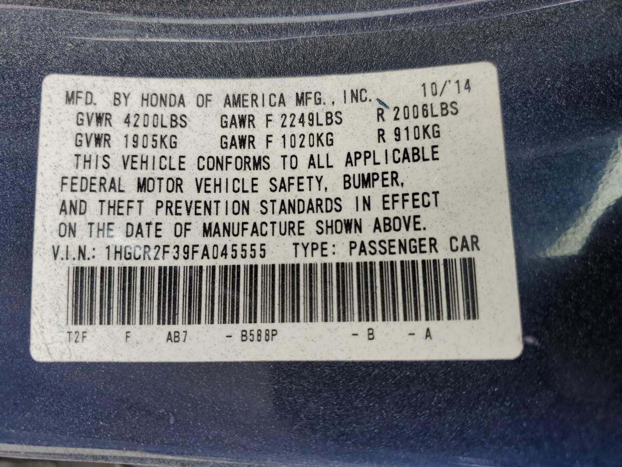 1HGCR2F39FA045555 2015 Honda Accord Lx