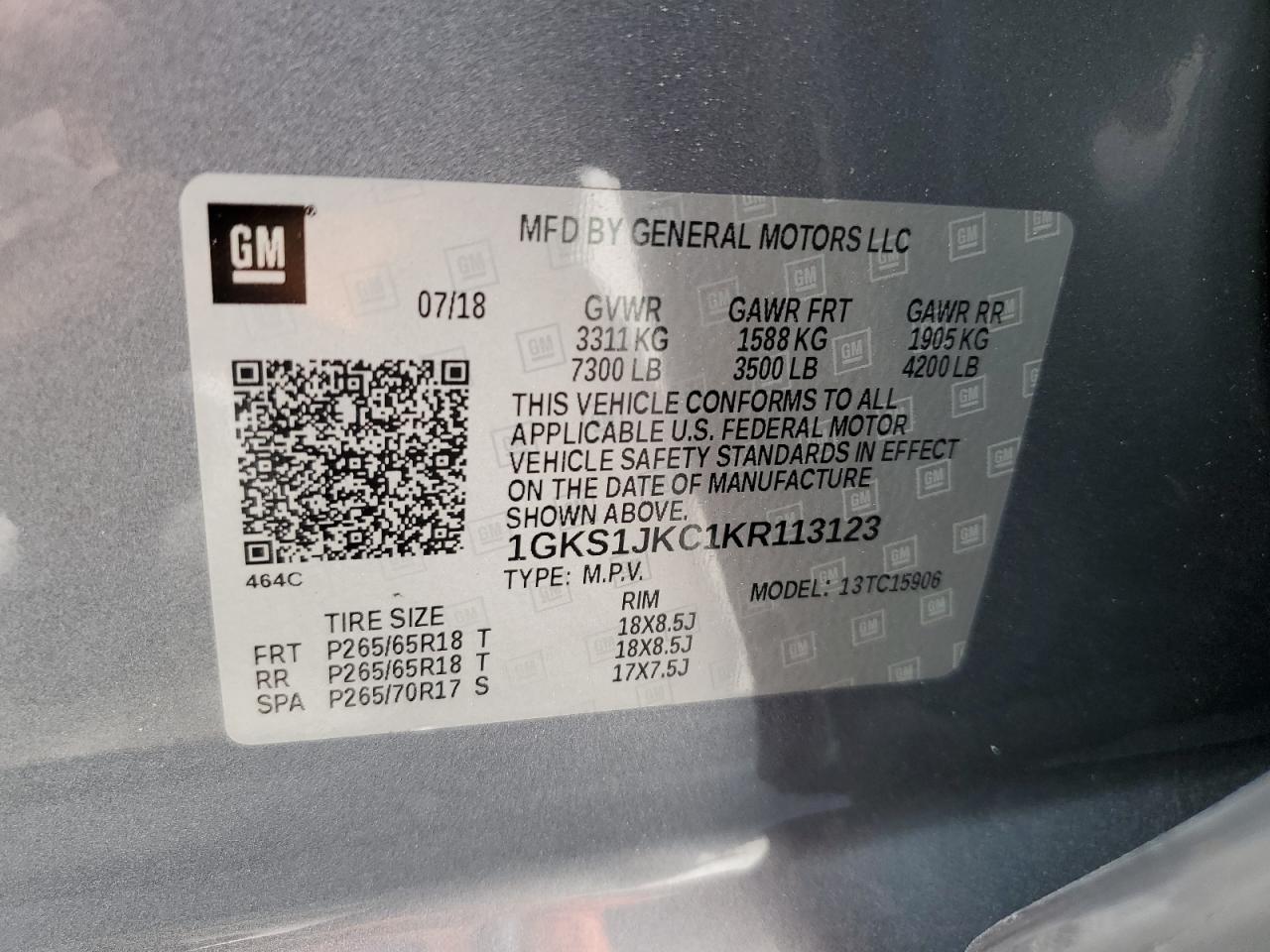 1GKS1JKC1KR113123 2019 GMC Yukon Xl C1500 Slt