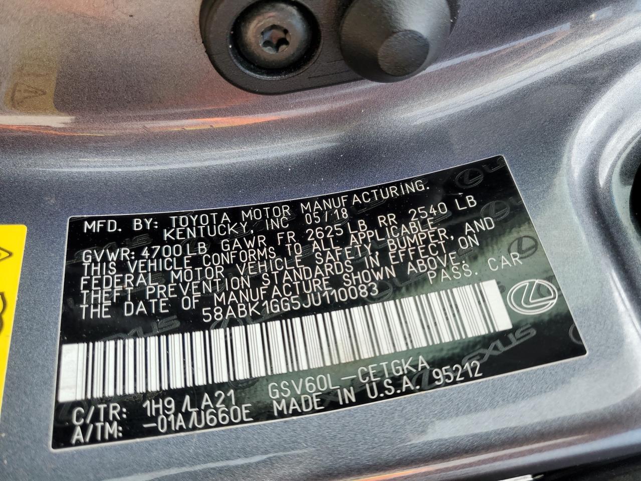 58ABK1GG5JU110083 2018 Lexus Es 350