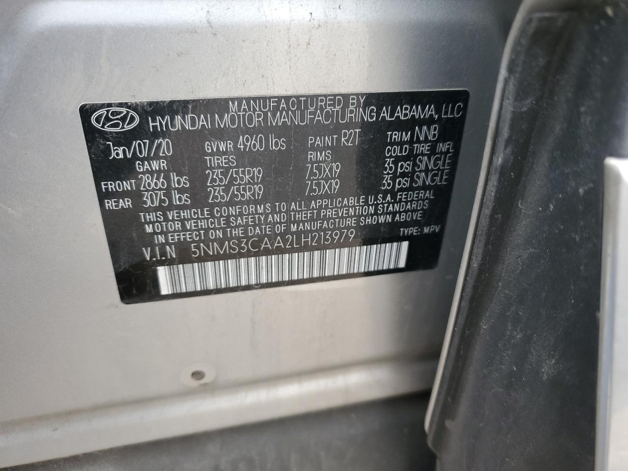 5NMS3CAA2LH213979 2020 Hyundai Santa Fe Sel