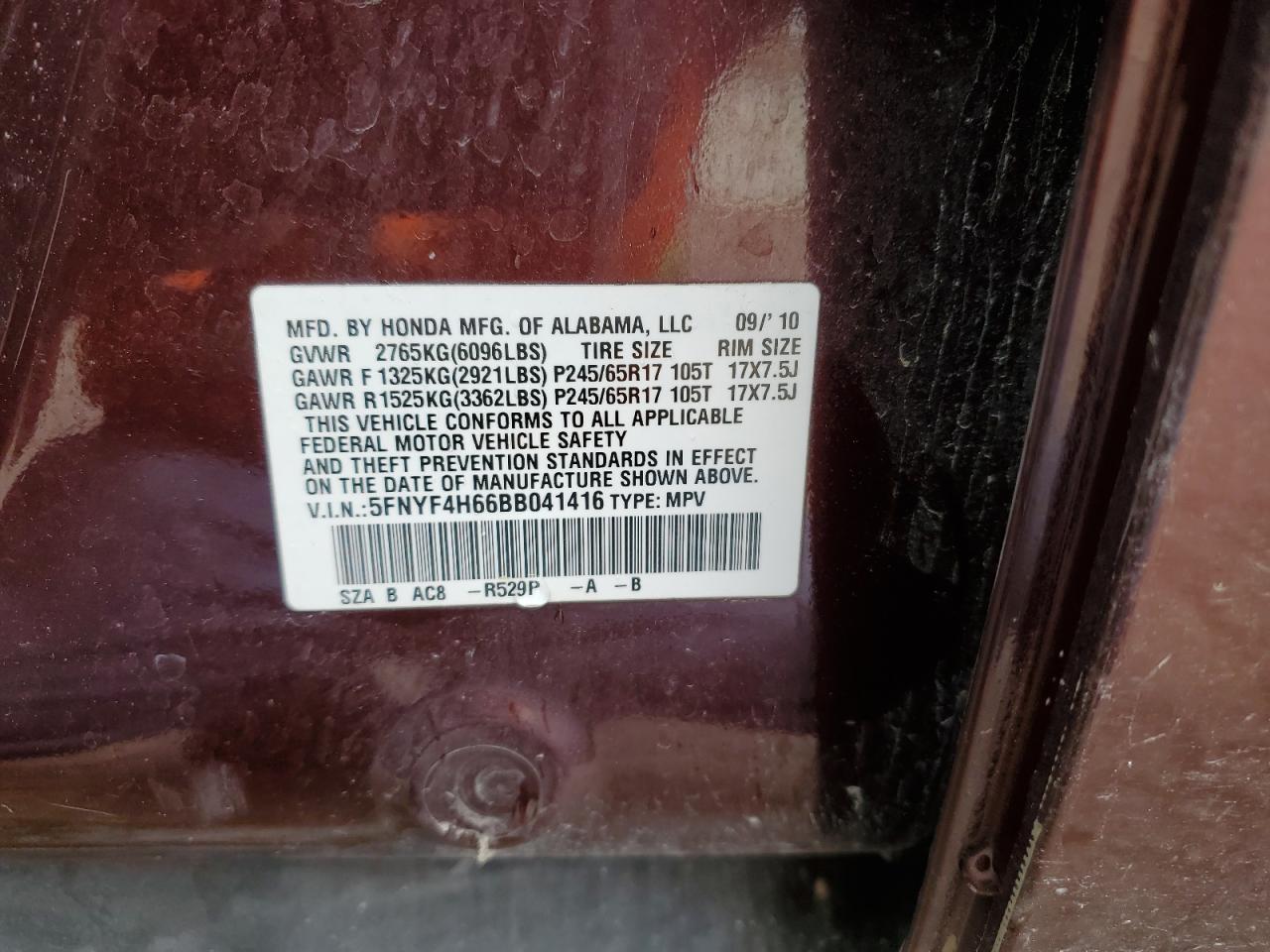 5FNYF4H66BB041416 2011 Honda Pilot Exl