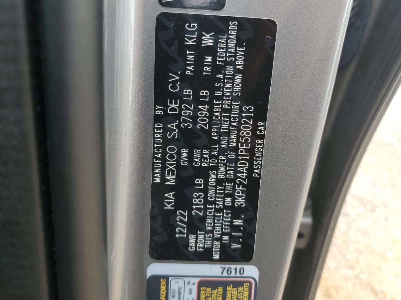 3KPF24AD1PE580213 2023 Kia Forte Lx