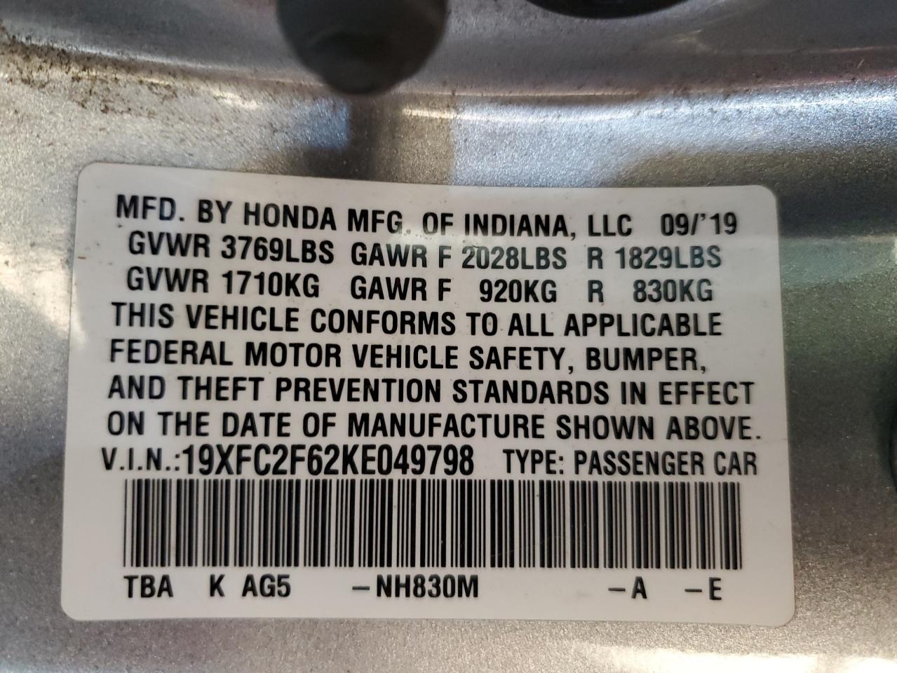 2019 Honda Civic Lx vin: 19XFC2F62KE049798