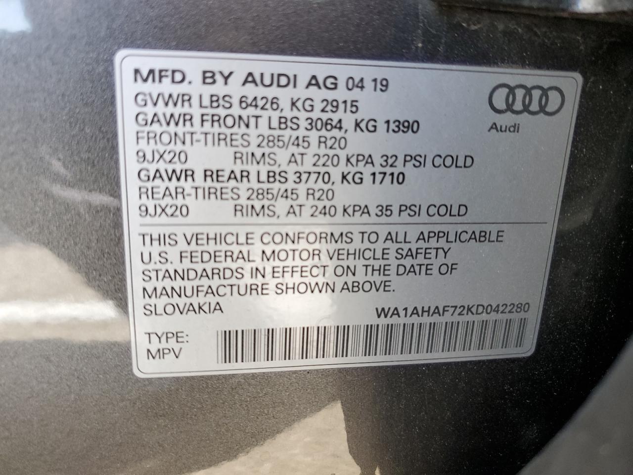 WA1AHAF72KD042280 2019 Audi Q7 Premium