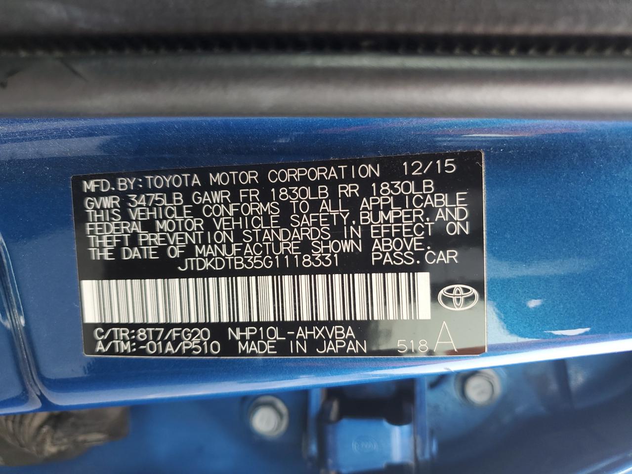 JTDKDTB35G1118331 2016 Toyota Prius C