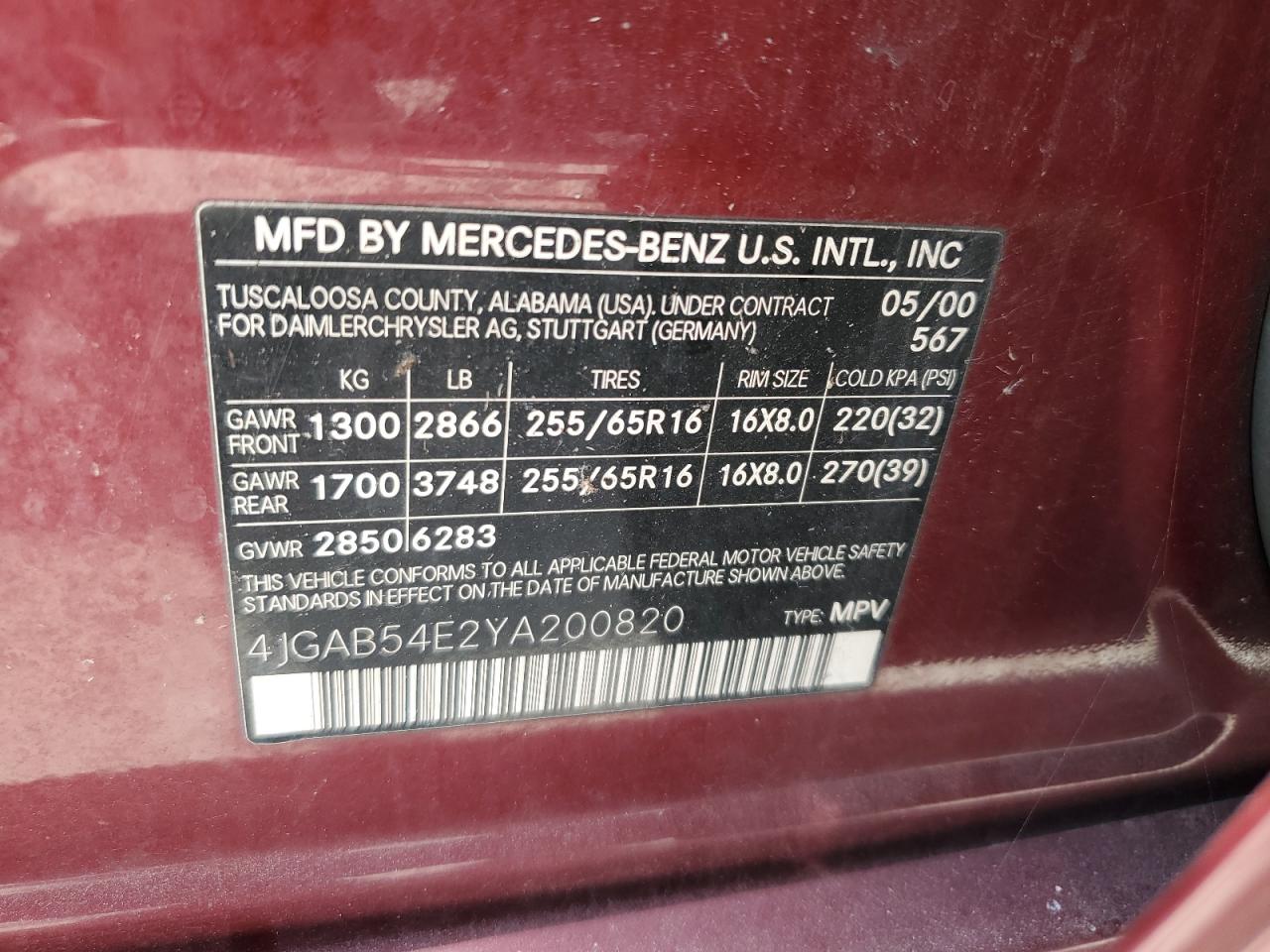 4JGAB54E2YA200820 2000 Mercedes-Benz Ml 320