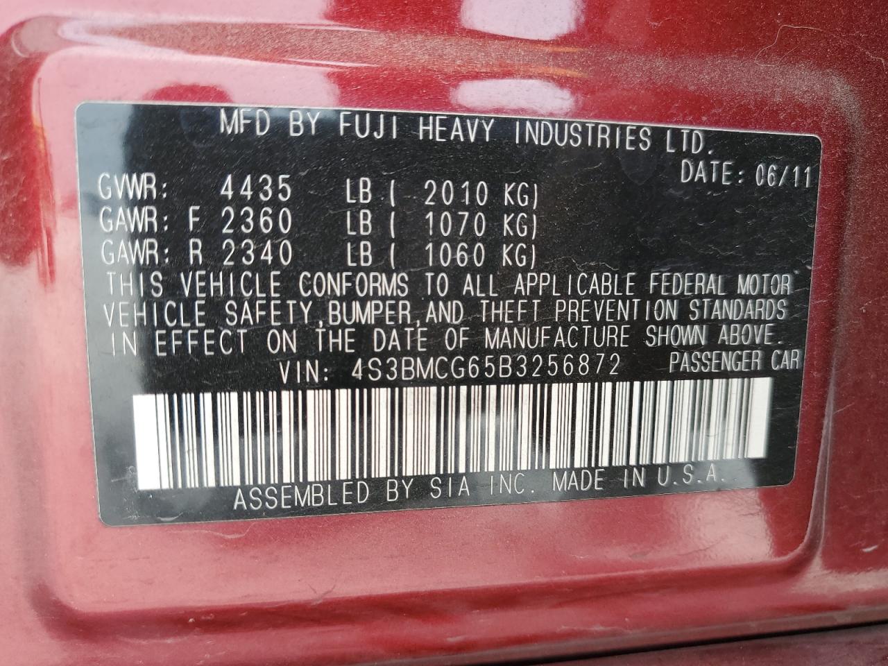 4S3BMCG65B3256872 2011 Subaru Legacy 2.5I Premium