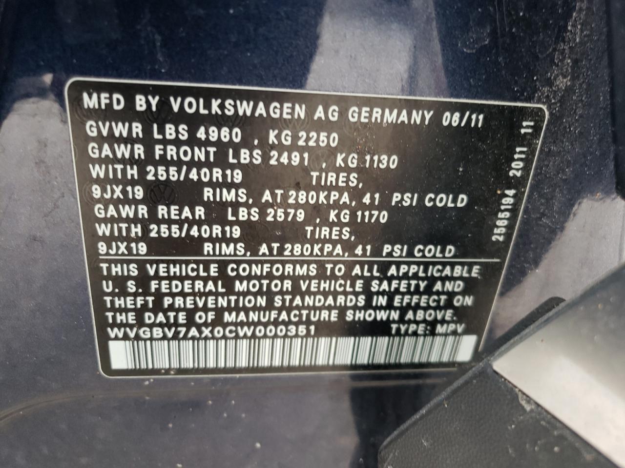 WVGBV7AX0CW000351 2012 Volkswagen Tiguan S