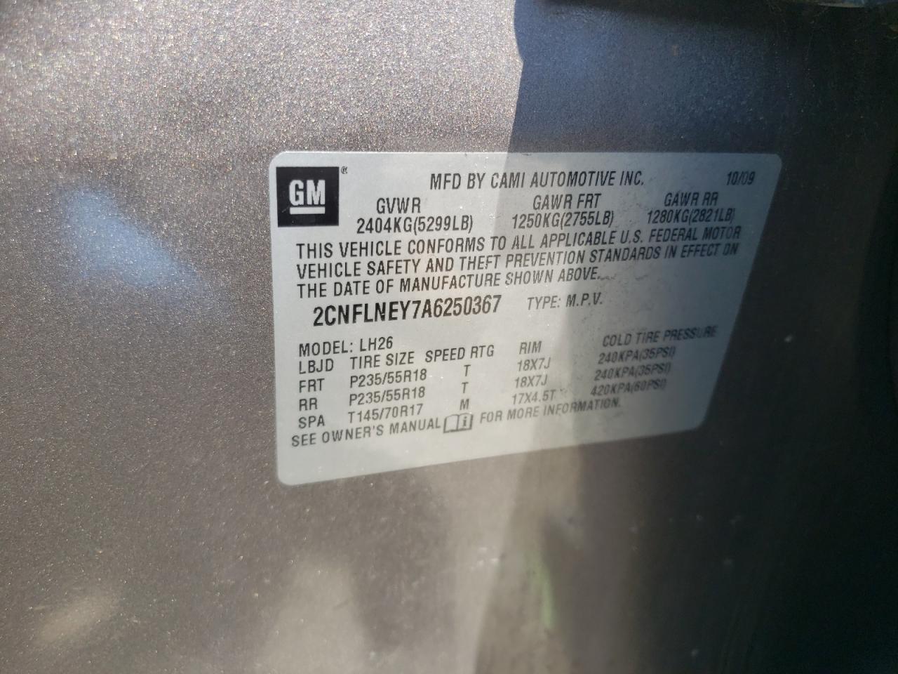 2CNFLNEY7A6250367 2010 Chevrolet Equinox Lt