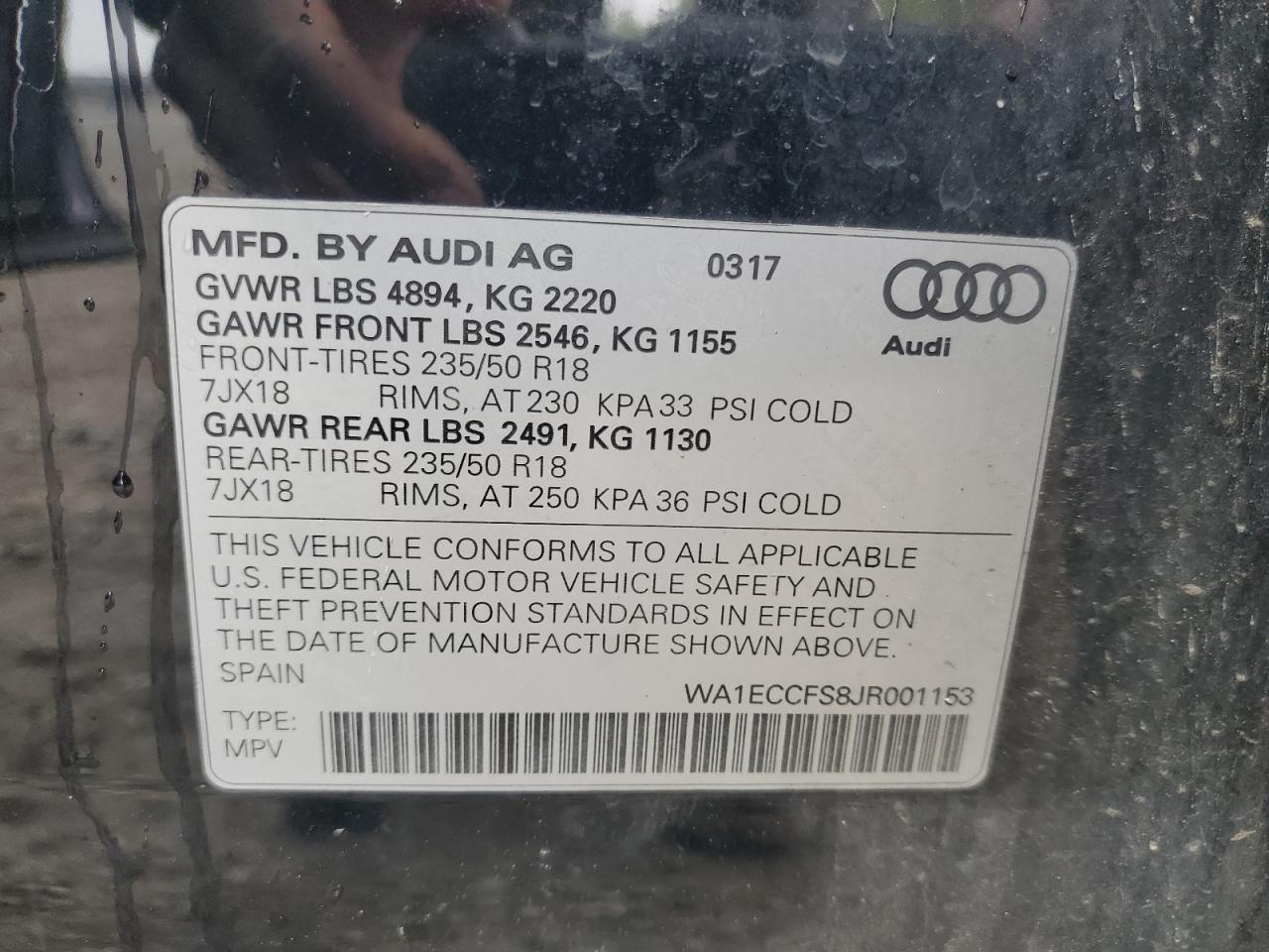 WA1ECCFS8JR001153 2018 Audi Q3 Premium