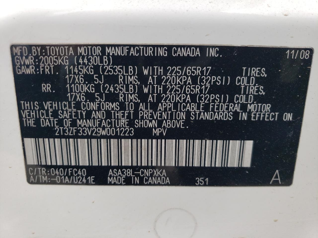 2T3ZF33V29W001223 2009 Toyota Rav4