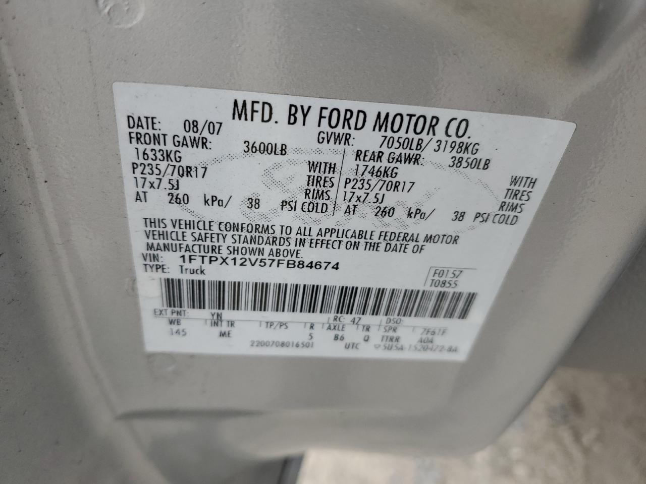 1FTPX12V57FB84674 2007 Ford F150