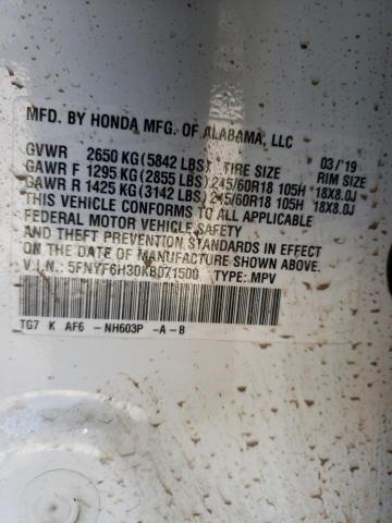 2019 Honda Pilot Ex VIN: 5FNYF6H30KB071500 Lot: 56885974