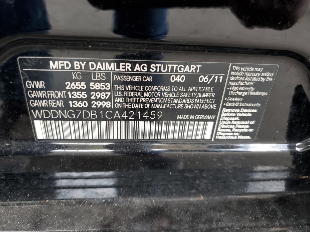 WDDNG7DB1CA421459 2012 Mercedes-Benz S 550