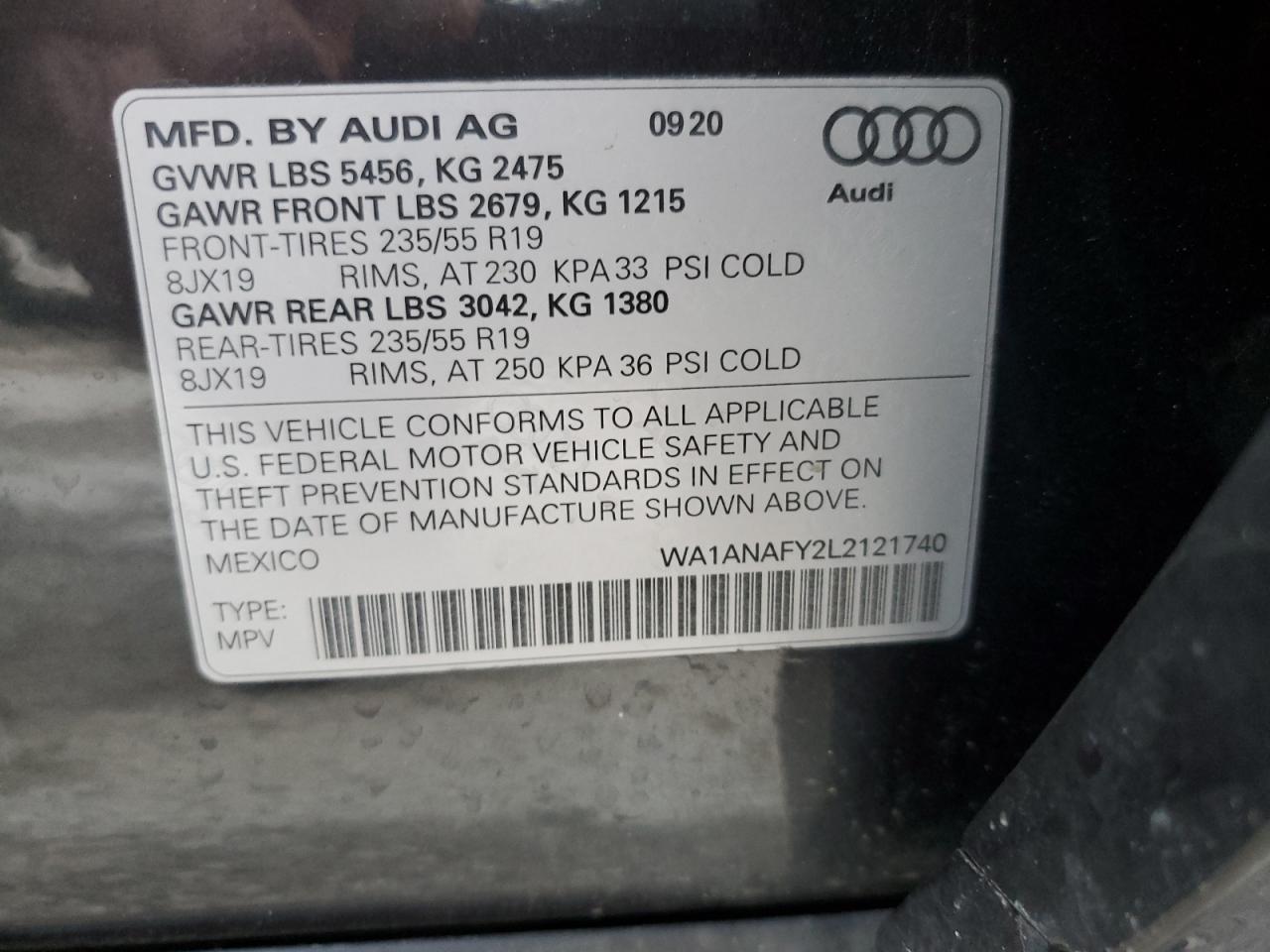 WA1ANAFY2L2121740 2020 Audi Q5 Premium