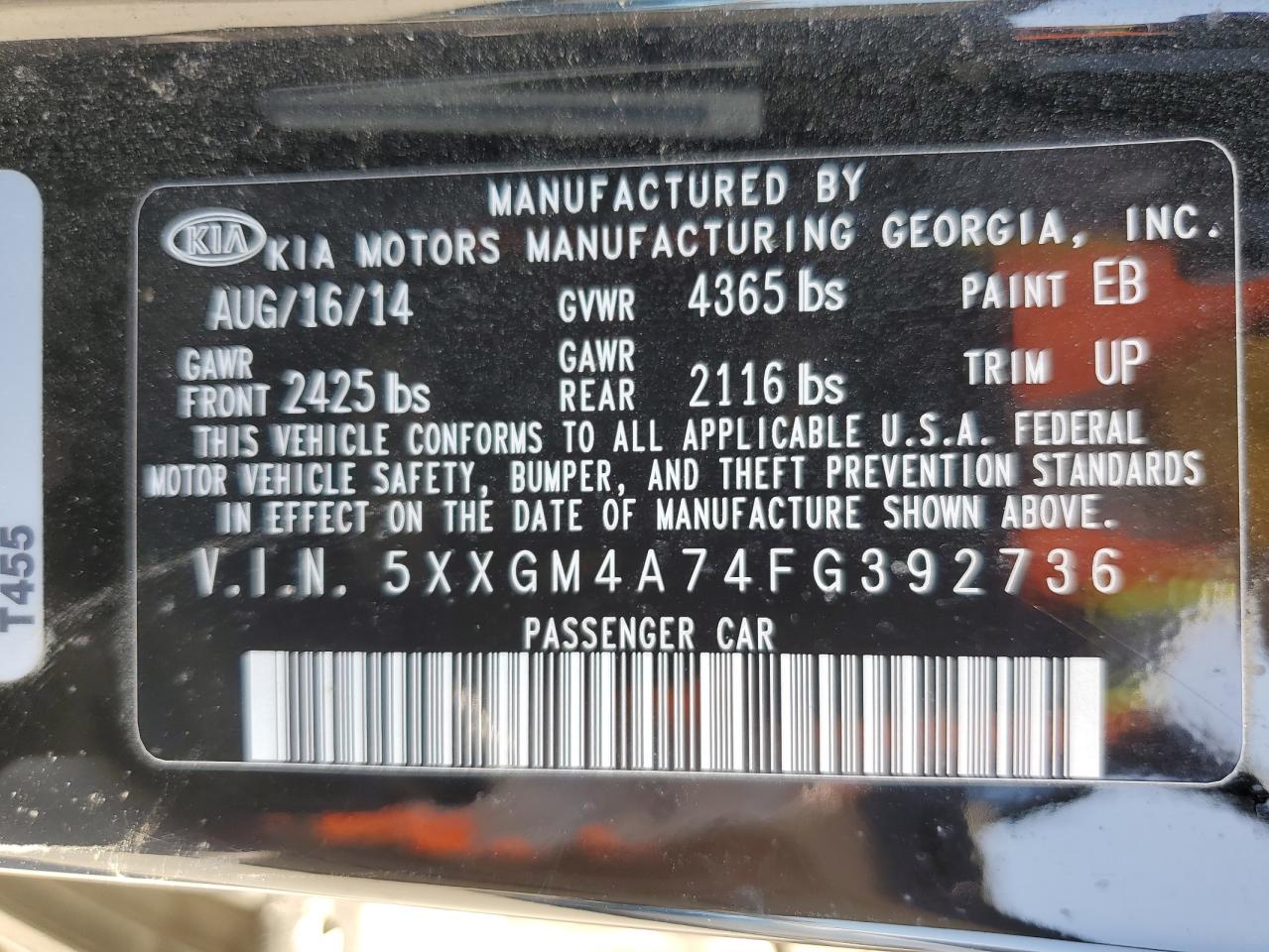 5XXGM4A74FG392736 2015 Kia Optima Lx