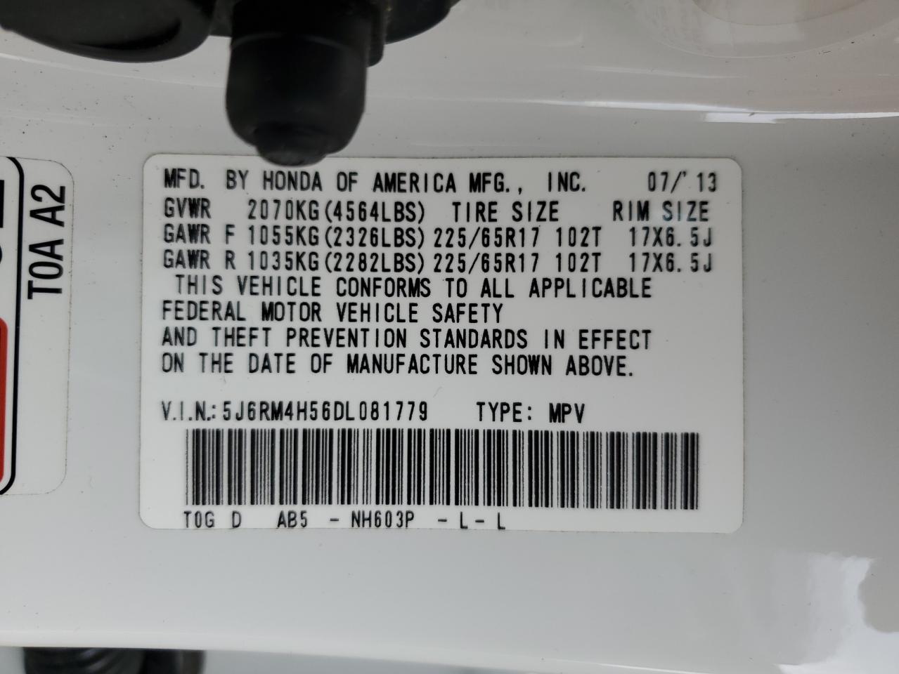 5J6RM4H56DL081779 2013 Honda Cr-V Ex