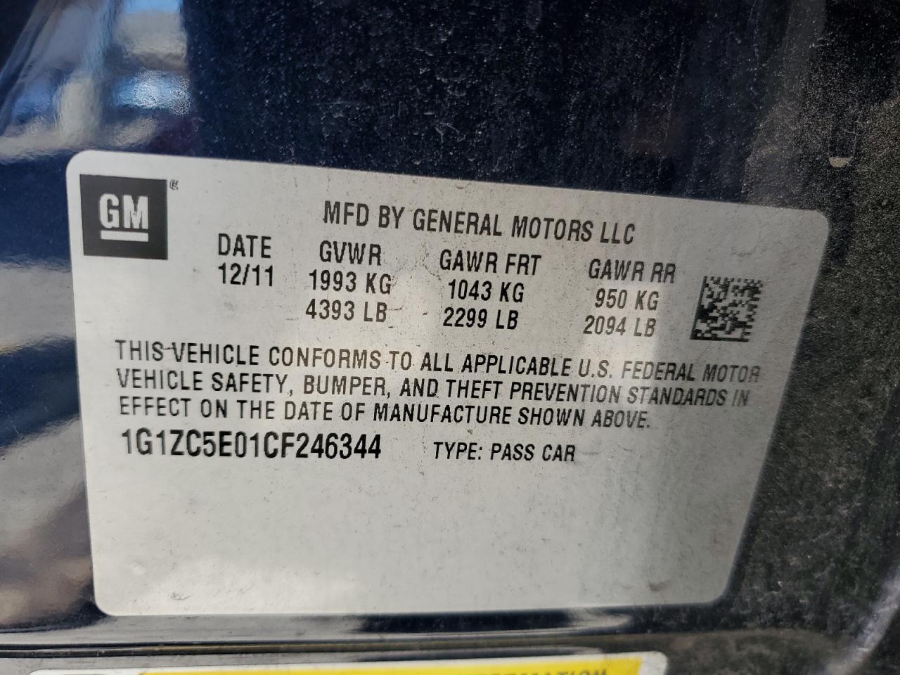 2012 Chevrolet Malibu 1Lt vin: 1G1ZC5E01CF246344