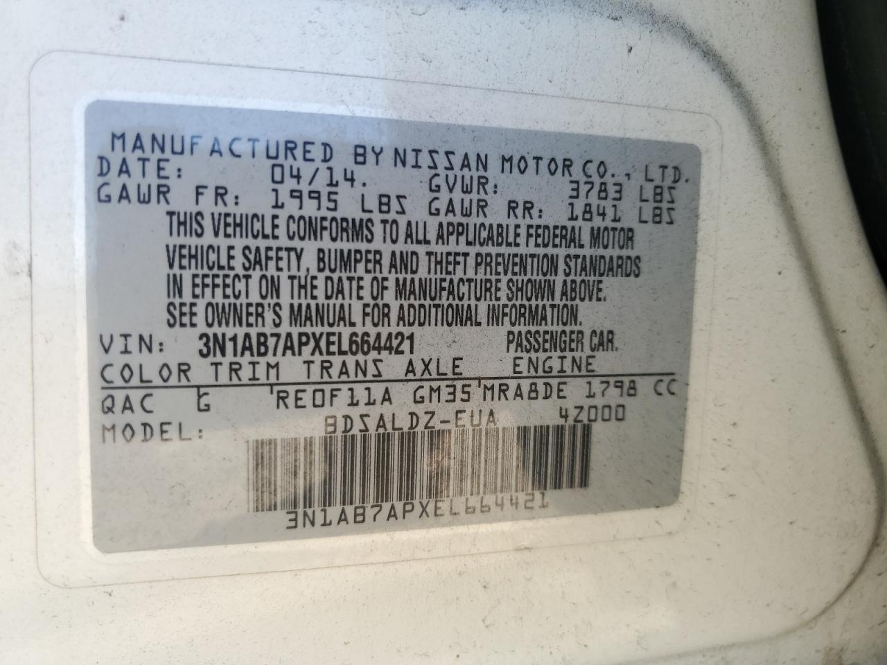 3N1AB7APXEL664421 2014 Nissan Sentra S