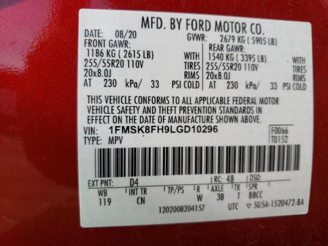 2020 Ford Explorer Limited VIN: 1FMSK8FH9LGD10296 Lot: 56578674