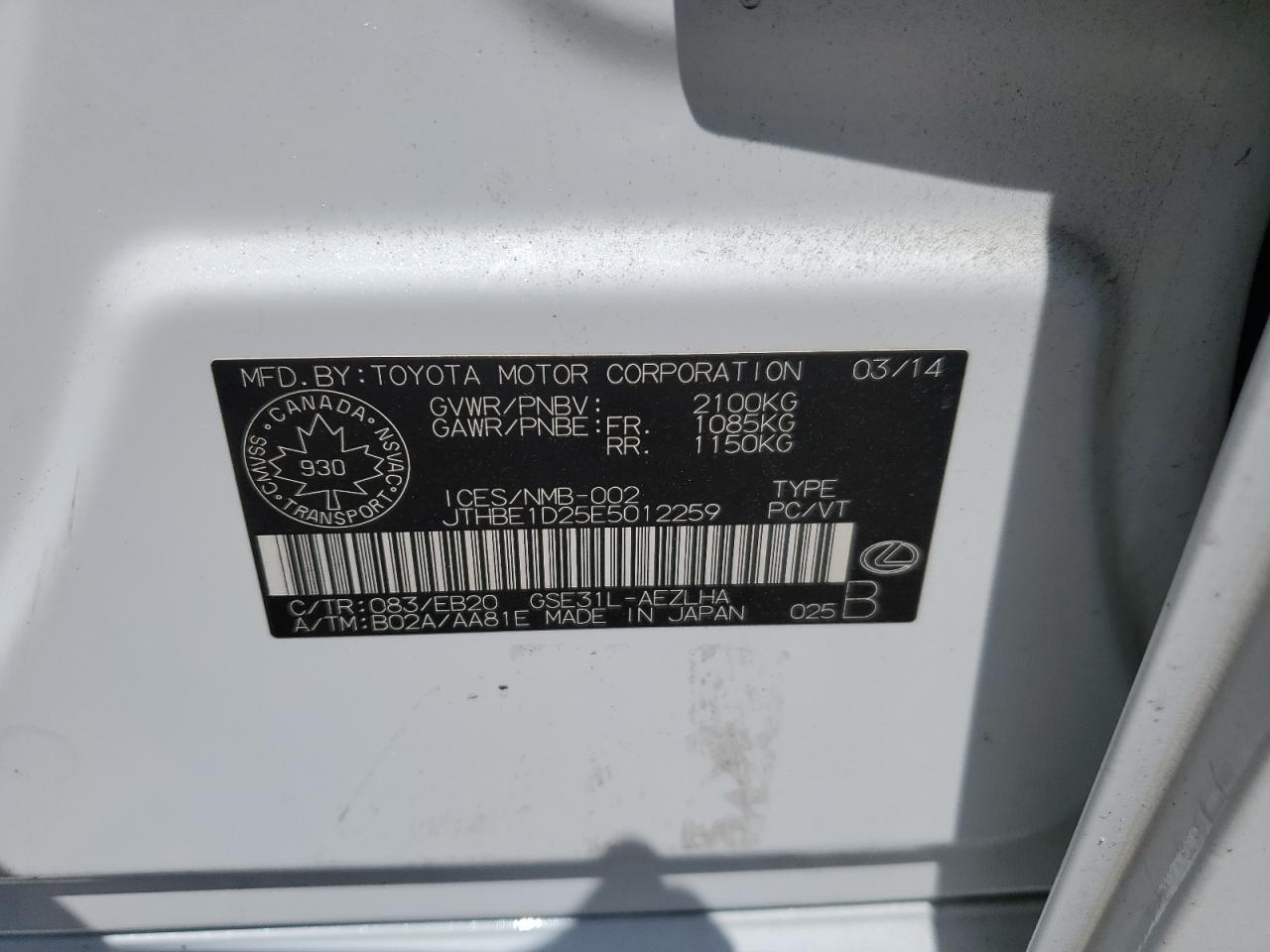 JTHBE1D25E5012259 2014 Lexus Is 350