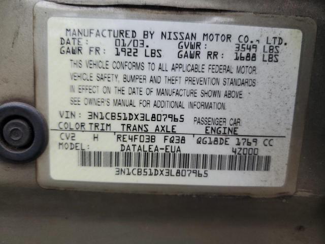 2003 Nissan Sentra Xe VIN: 3N1CB51DX3L807965 Lot: 53689484