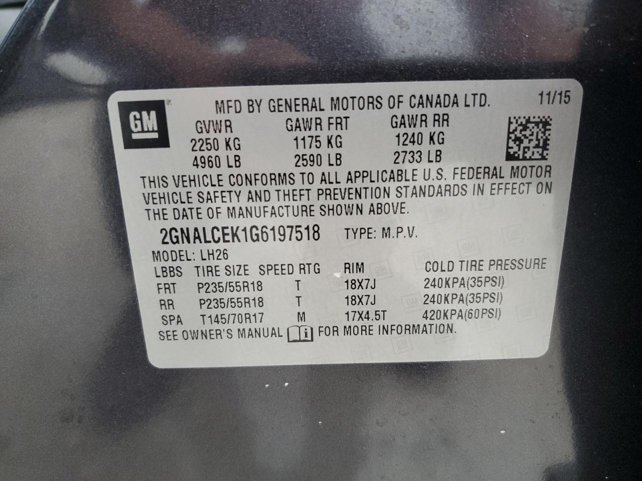 2GNALCEK1G6197518 2016 Chevrolet Equinox Lt