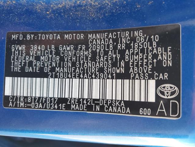 2010 Toyota Corolla Base VIN: 2T1BU4EE4AC439041 Lot: 54847924