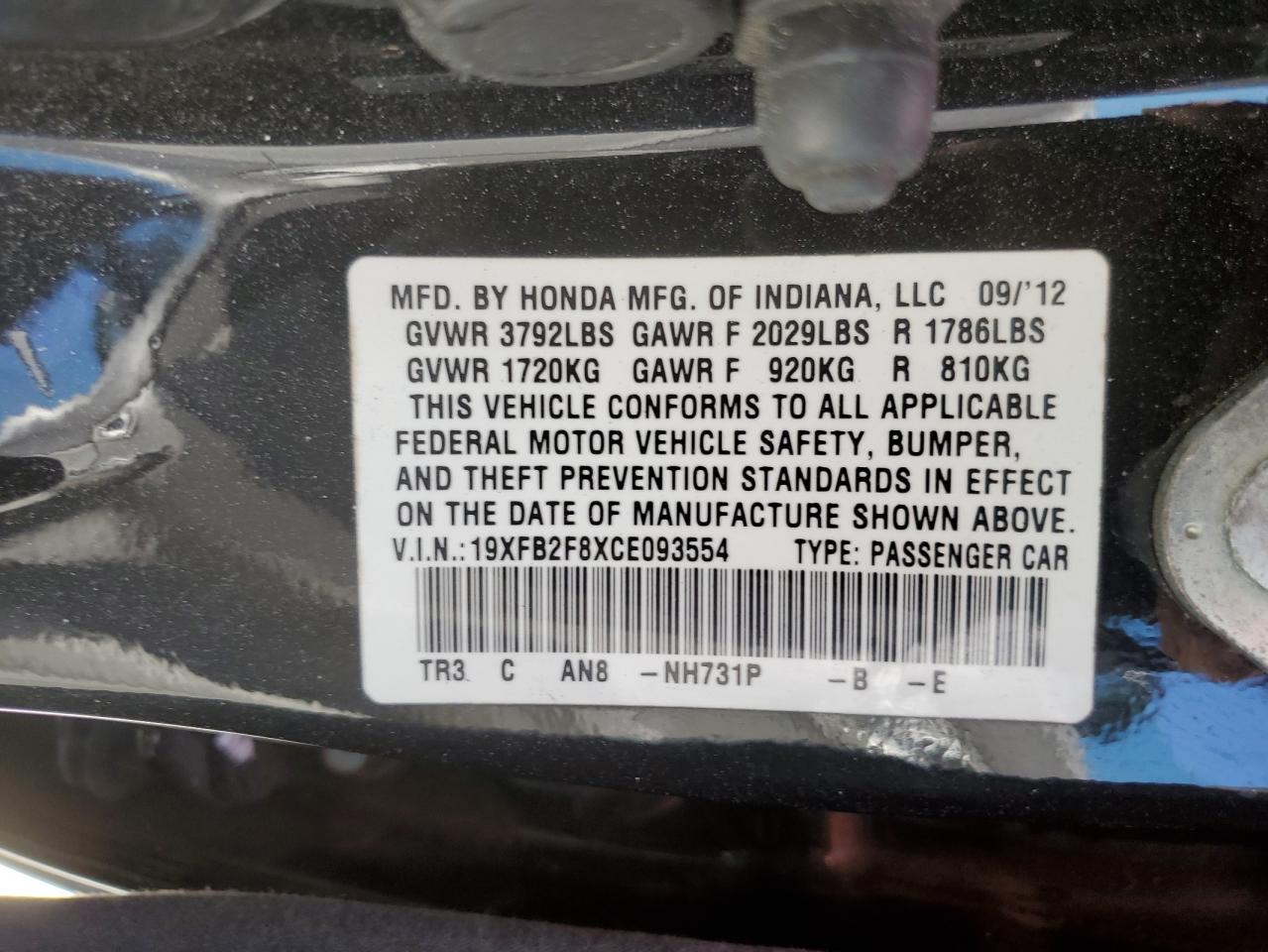 19XFB2F8XCE093554 2012 Honda Civic Ex