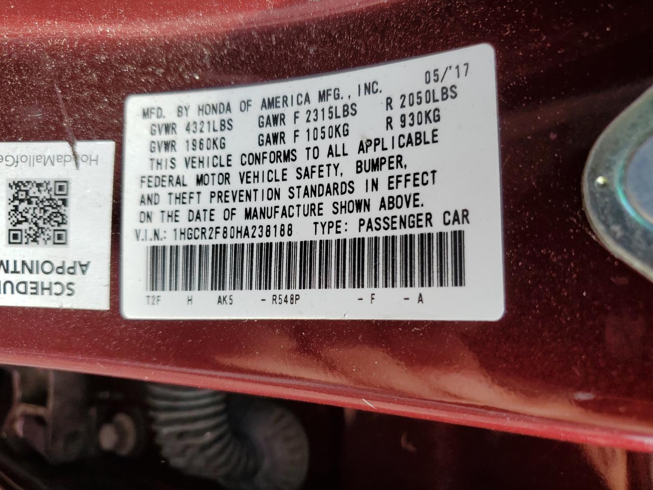 1HGCR2F80HA238188 2017 Honda Accord Exl