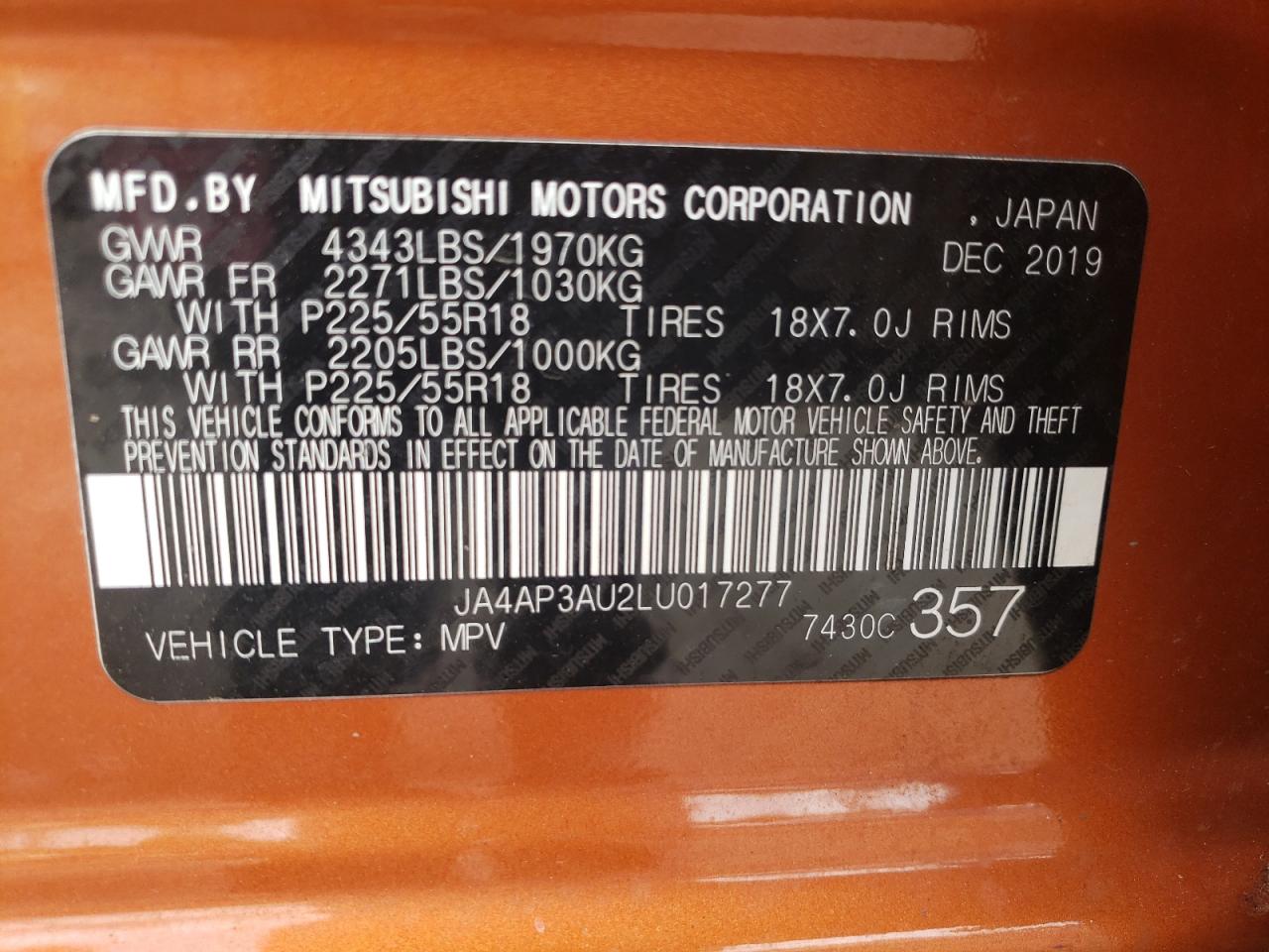 JA4AP3AU2LU017277 2020 Mitsubishi Outlander Sport Es