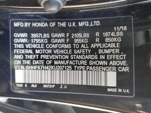 2019 Honda Civic Sport VIN: SHHFK7H42KU207125 Lot: 54705534