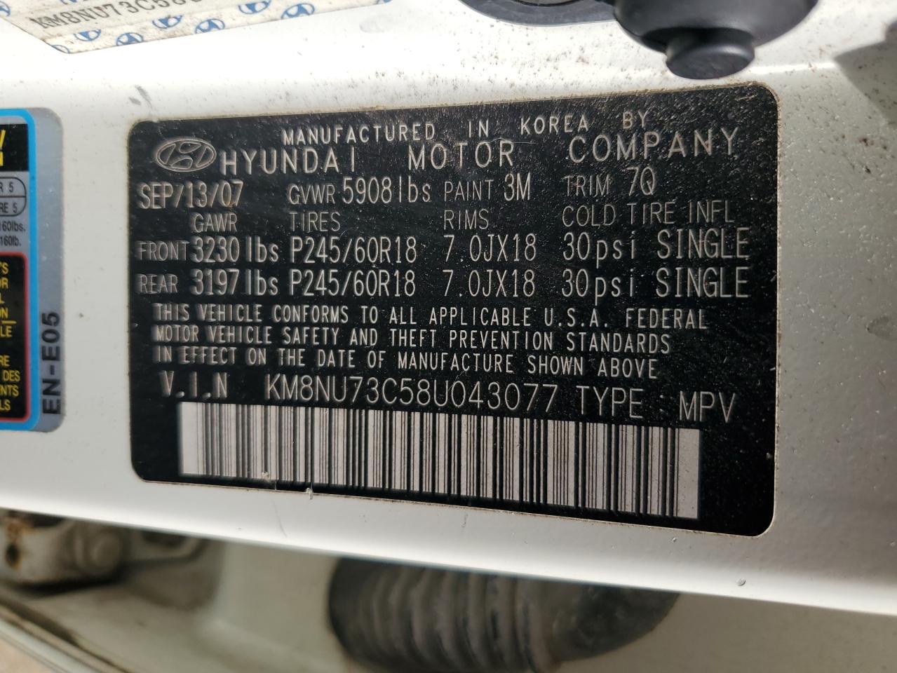 KM8NU73C58U043077 2008 Hyundai Veracruz Gls