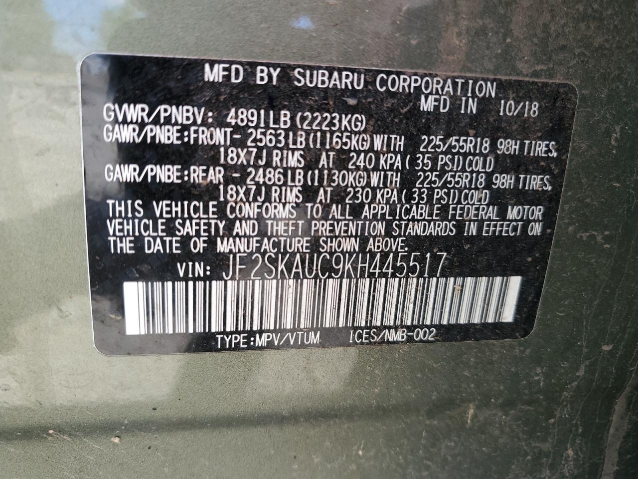 JF2SKAUC9KH445517 2019 Subaru Forester Limited