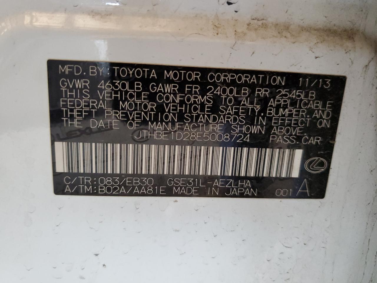 JTHBE1D28E5008724 2014 Lexus Is 350