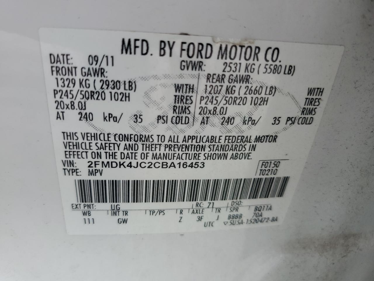 2FMDK4JC2CBA16453 2012 Ford Edge Sel