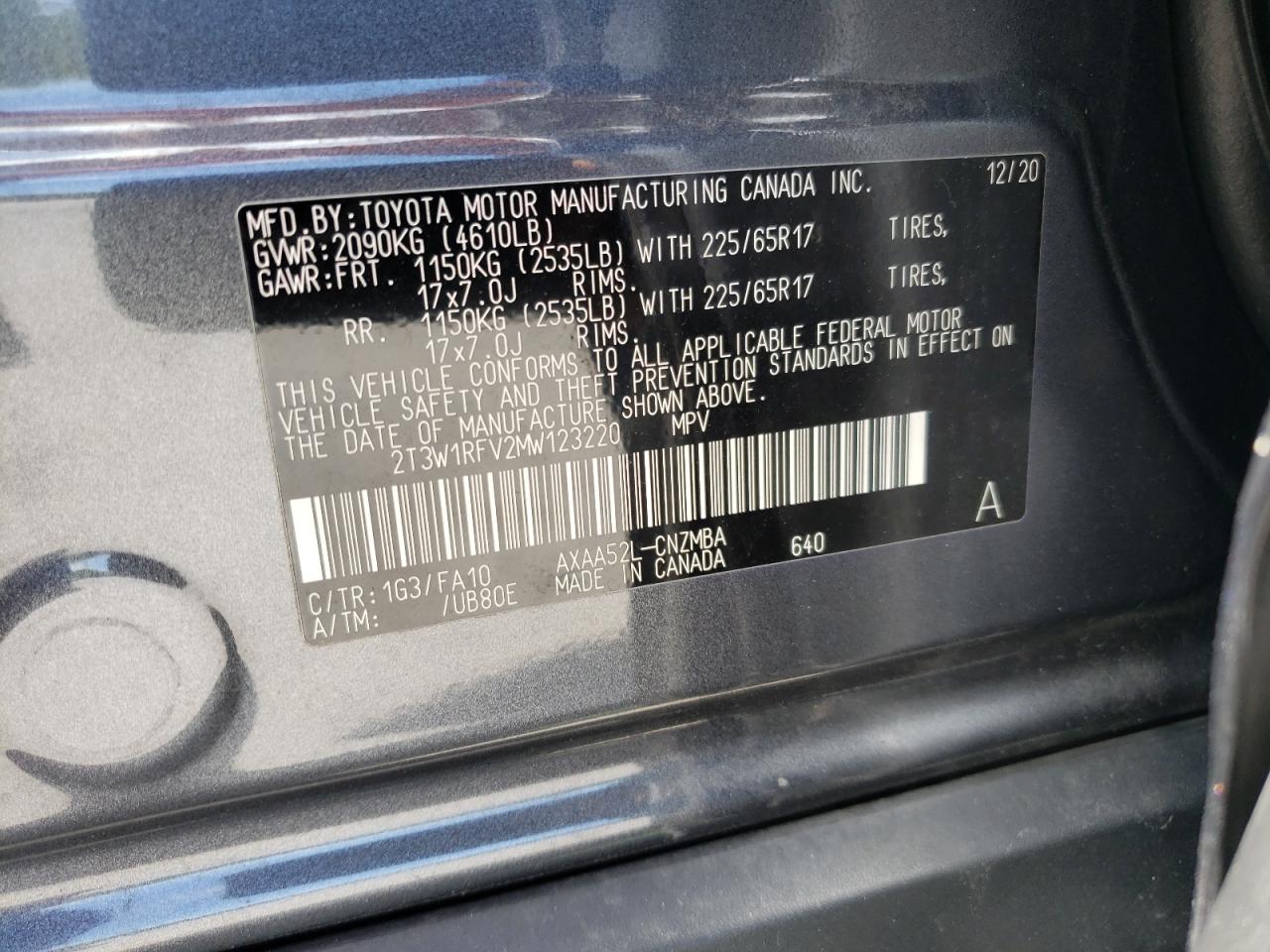 2T3W1RFV2MW123220 2021 Toyota Rav4 Xle